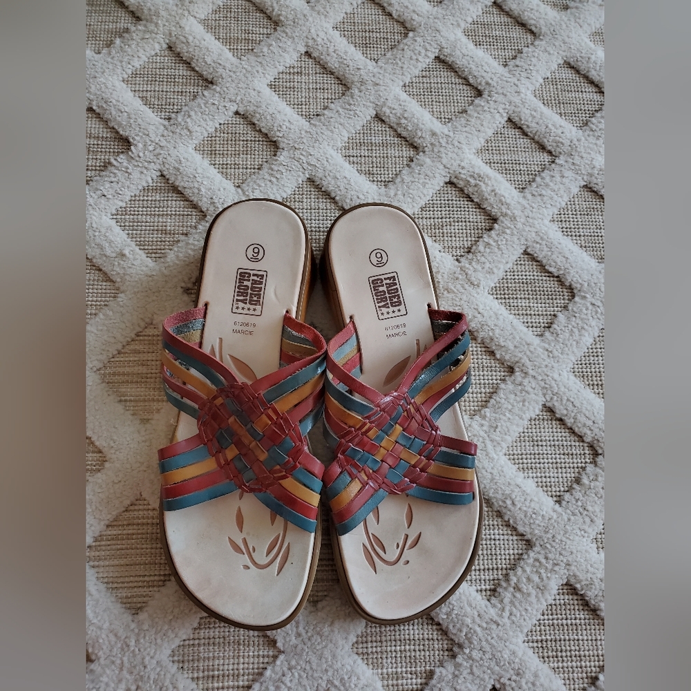 Rare Vintage 90's Y2K Faded Glory Multi Color Leather Sandals Size 9 Boho Chic